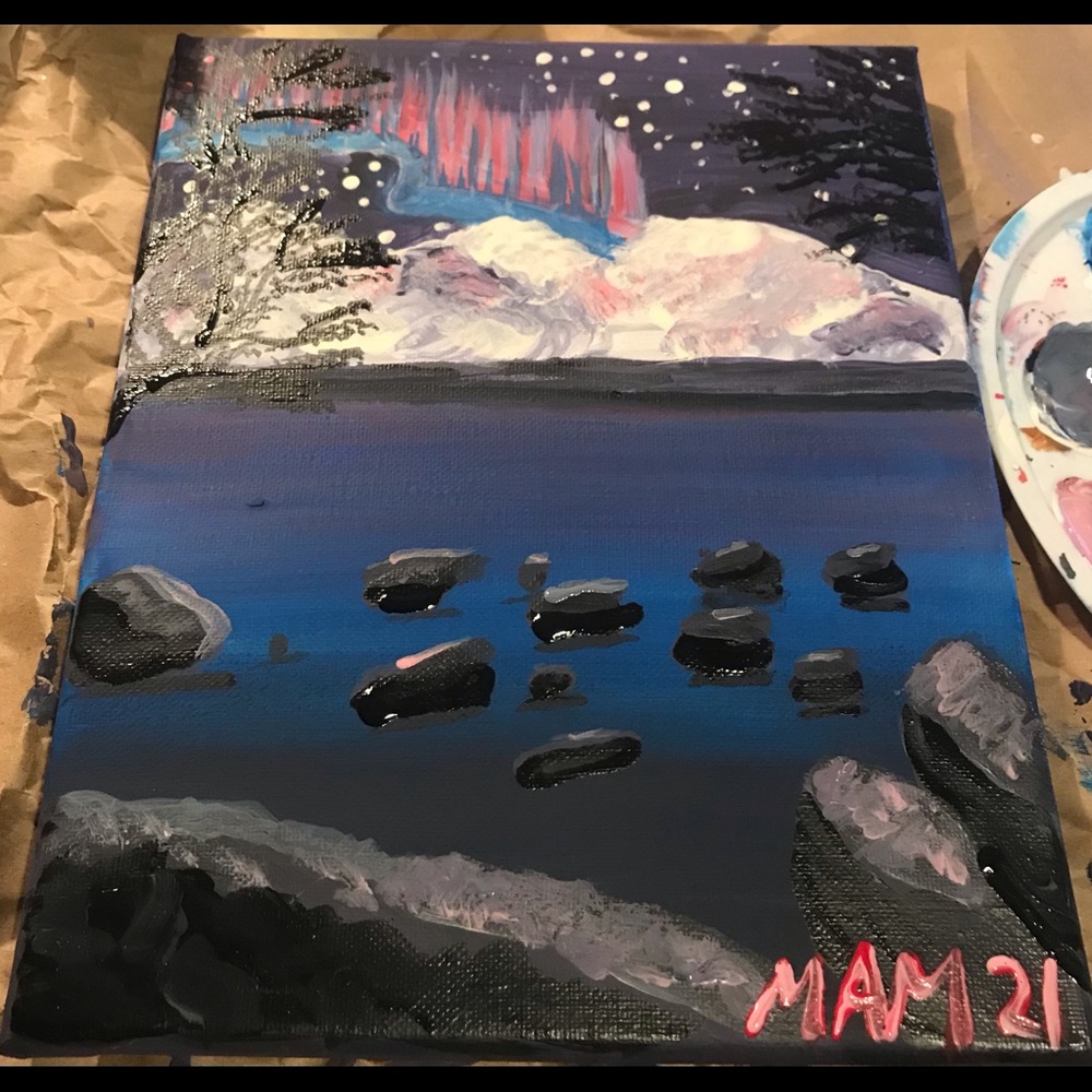 8”x10” northern lights. Acrylic on canvas